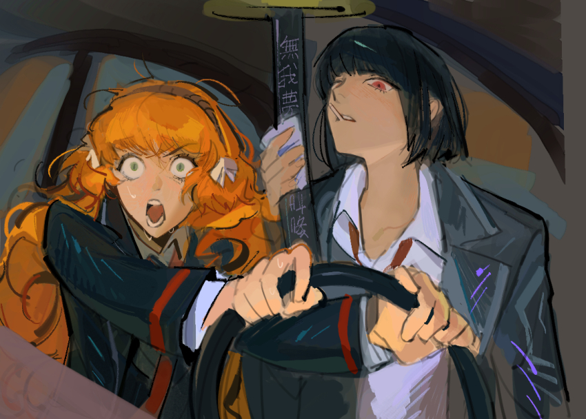 2girls black_hair bob_cut bow car_interior cleaning cleaning_weapon collared_shirt green_eyes hair_bow indoors ishmael_(project_moon) limbus_company long_hair multiple_girls necktie ootachi open_mouth orange_hair parted_lips patchfire project_moon red_eyes red_necktie ryoshu_(project_moon) shirt short_hair sidelocks steering_wheel sweat very_long_hair weapon white_bow white_shirt wide-eyed