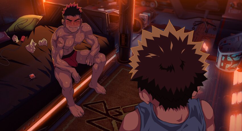 2boys abs bara black_hair bulge closed_eyes closed_mouth erection erection_under_clothes grey_tank_top highres indoors large_pectorals looking_at_another male_focus male_underwear multiple_boys muscular muscular_male navel nipples original pectorals red_male_underwear scar scar_on_arm shiba_yuuji short_hair smile sweat tank_top underwear