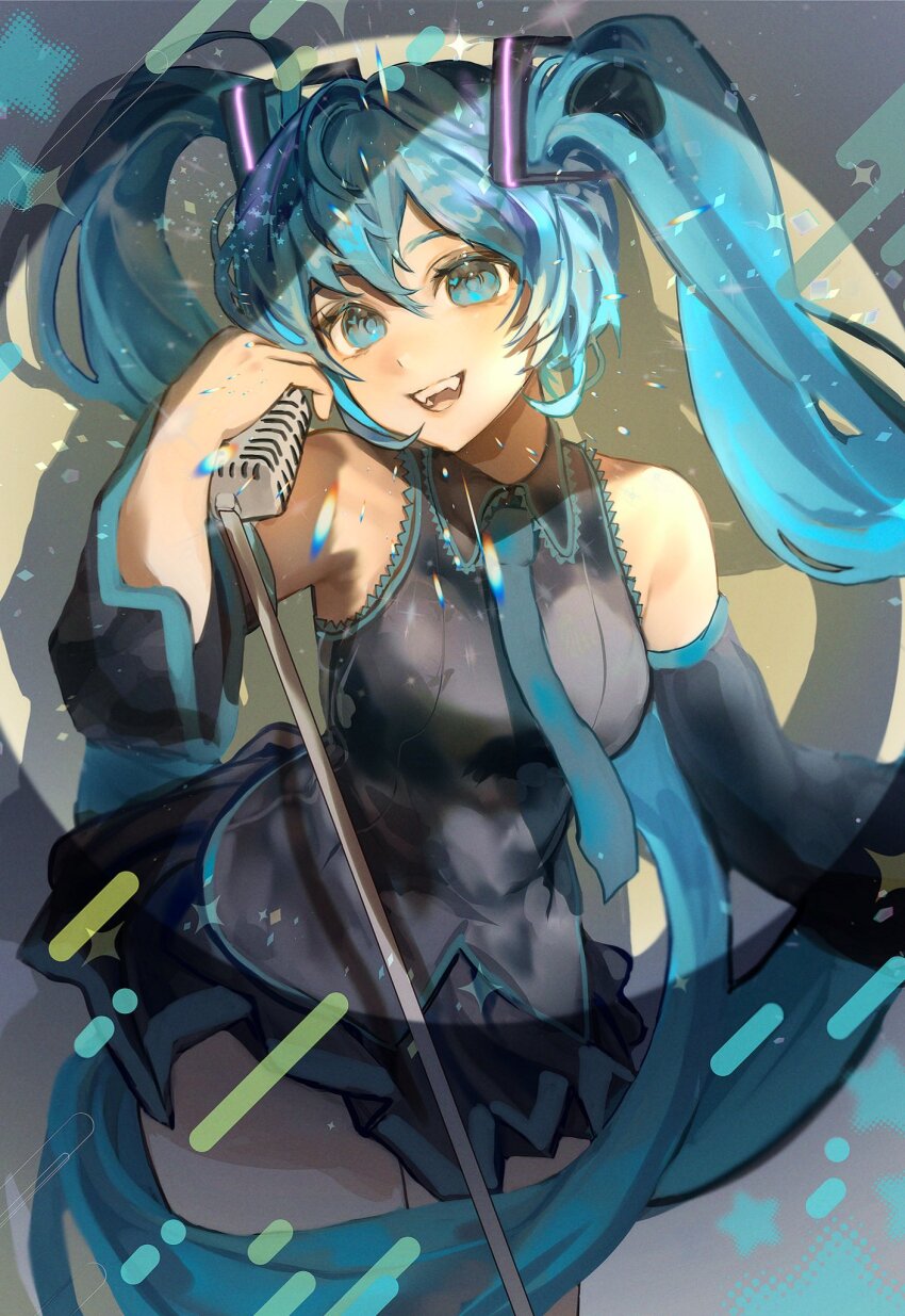 1girl aqua_eyes aqua_hair bare_shoulders black_skirt blue_eyes blue_hair blue_necktie blush collared_shirt detached_sleeves grey_shirt hair_between_eyes hair_ornament hatsune_miku highres holding holding_microphone htbjca3l lens_flare long_hair looking_at_viewer microphone necktie open_mouth pleated_skirt shirt simple_background skirt sleeveless smile solo sparkle spotlight twintails very_long_hair vintage_microphone vocaloid