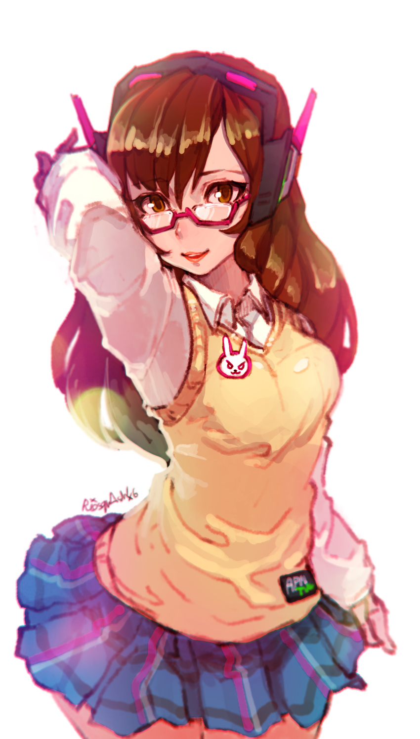 1girl absurdres arm_behind_head arms_up blue_skirt brown_eyes brown_hair cardigan cardigan_vest collared_shirt cowboy_shot d.va_(overwatch) facepaint facial_mark female_focus glasses headphones highres lips lipstick long_hair long_sleeves looking_at_viewer makeup mar10 overwatch overwatch_1 parted_lips pleated_skirt red-framed_eyewear school_uniform semi-rimless_eyewear shirt simple_background skirt smile solo standing swept_bangs under-rim_eyewear white_background white_shirt wing_collar