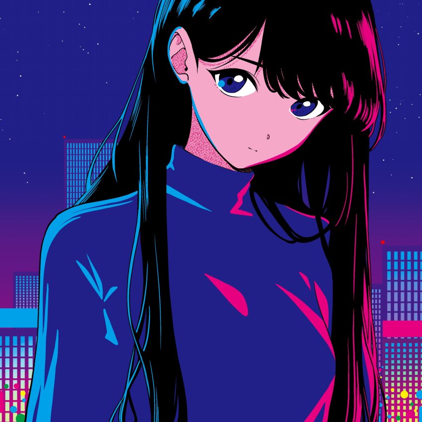 1980s_(style) 1girl black_hair blue_eyes blue_sweater building commentary gagagank0810 hashtag-only_commentary highres long_hair looking_at_viewer night oldschool original retro_artstyle sky skyscraper solo star_(sky) starry_sky sweater turtleneck