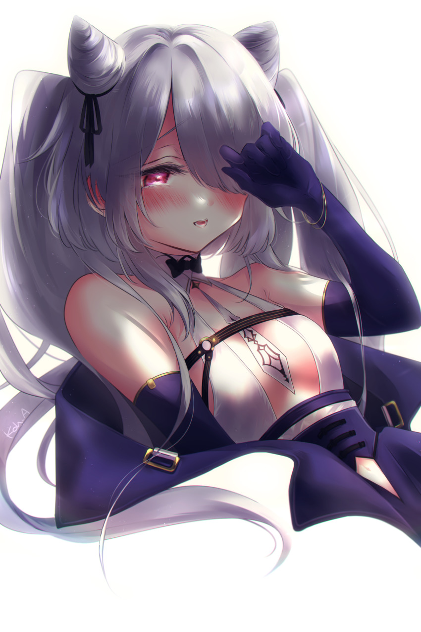 1girl azur_lane bare_shoulders black_bow black_bowtie black_gloves black_ribbon blush bow bowtie breasts cleavage commentary_request cone_hair_bun elbow_gloves embarrassed gloves hair_bun hair_over_one_eye heart heart_in_eye highres jewelry kiev_(azur_lane) kiev_(backstreet_silver_sonata)_(azur_lane) koa_(koh_a) long_hair nervous official_alternate_costume one_eye_covered open_mouth red_eyes ribbon silver_hair symbol_in_eye twintails