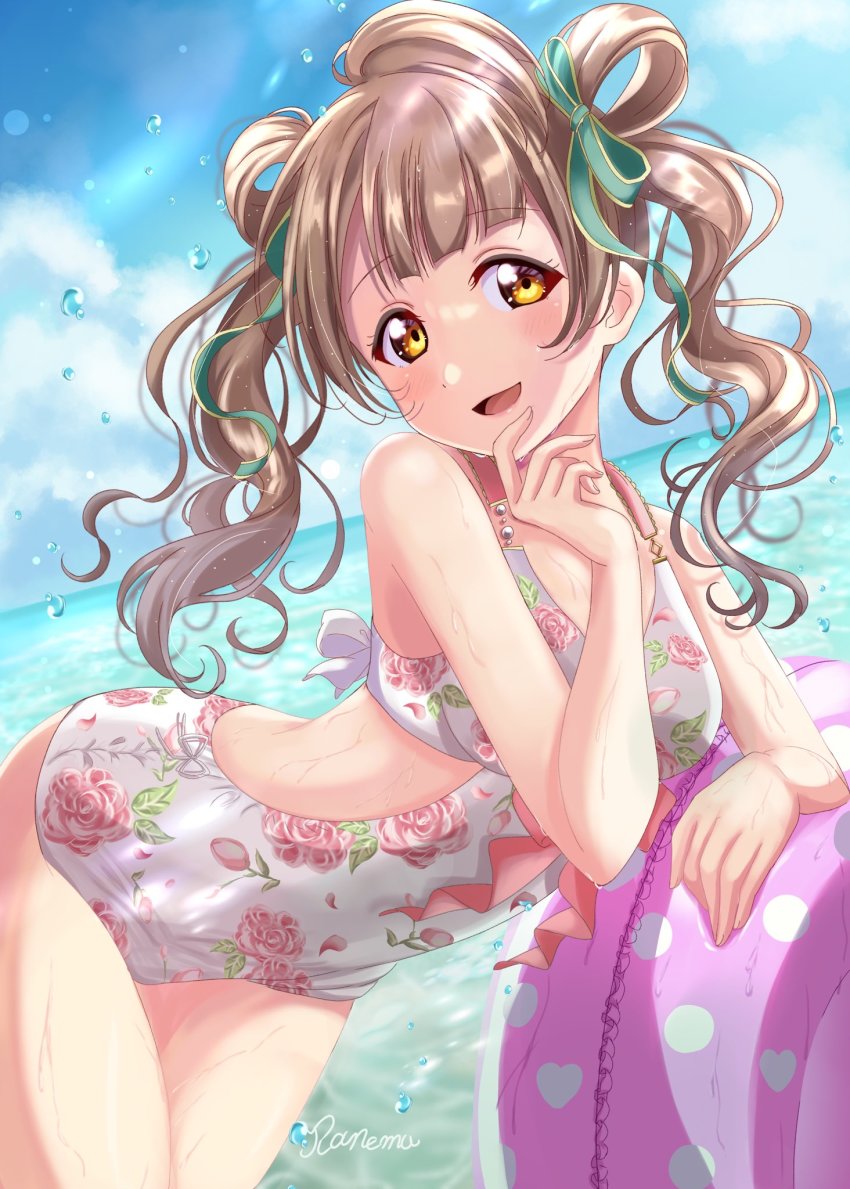 1girl alternate_hairstyle bare_legs blue_sky blush bow breasts brown_hair cloud commentary english_commentary floral_print green_bow hair_bow hair_rings hand_on_own_chin highres innertube long_hair looking_at_viewer love_live! medium_breasts minami_kotori ocean one-piece_swimsuit one_side_up open_mouth outdoors polka_dot ranemu signature single_hair_ring sky smile solo swim_ring swimsuit twintails water_drop wavy_hair wet white_one-piece_swimsuit yellow_eyes