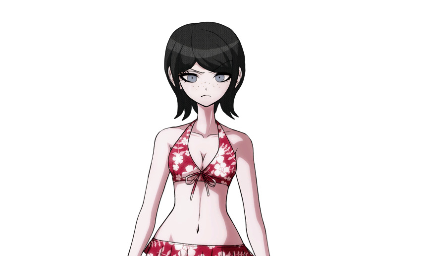 1girl absurdres bikini black_hair blue_eyes breasts cleavage closed_mouth collarbone danganronpa:_trigger_happy_havoc danganronpa_(series) danganronpa_s:_ultimate_summer_camp drakidor eyebrows eyelashes female_focus floral_print floral_print_bikini freckles frown highres ikusaba_mukuro looking_at_viewer medium_breasts navel official_style solo swimsuit third-party_edit transparent_background upper_body