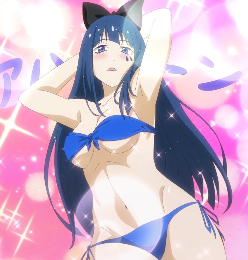 1girl armpits arms_behind_head bandeau_bikini bikini blue_(magical_destroyers) blue_hair blush breasts cleavage front-tie_bikini_top front-tie_top hair_ribbon highres large_breasts legs looking_at_viewer mahou_shoujo_magical_destroyers navel ribbon solo stitched swimsuit thighs third-party_edit underboob