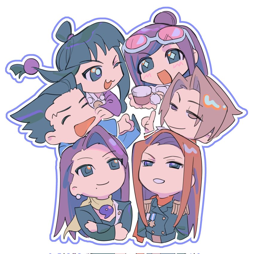 2boys 4girls 7zhby ace_attorney black_hair black_jacket blue_eyes blue_jacket blunt_bangs brown_hair cheek_pinching chibi closed_eyes closed_mouth earrings ema_skye eyewear_on_head grey_hair hair_intakes hair_ornament half_updo hand_on_another&#039;s_cheek hand_on_another&#039;s_face highres jacket jewelry lana_skye long_hair long_sleeves looking_at_another looking_up magatama maya_fey mia_fey miles_edgeworth mole mole_under_mouth multiple_boys multiple_girls one_eye_closed open_mouth parted_bangs phoenix_wright phoenix_wright:_ace_attorney pinching purple_hair scarf short_hair siblings sidelocks simple_background sisters smile sparkling_eyes spiked_hair sunglasses white_background yellow_scarf