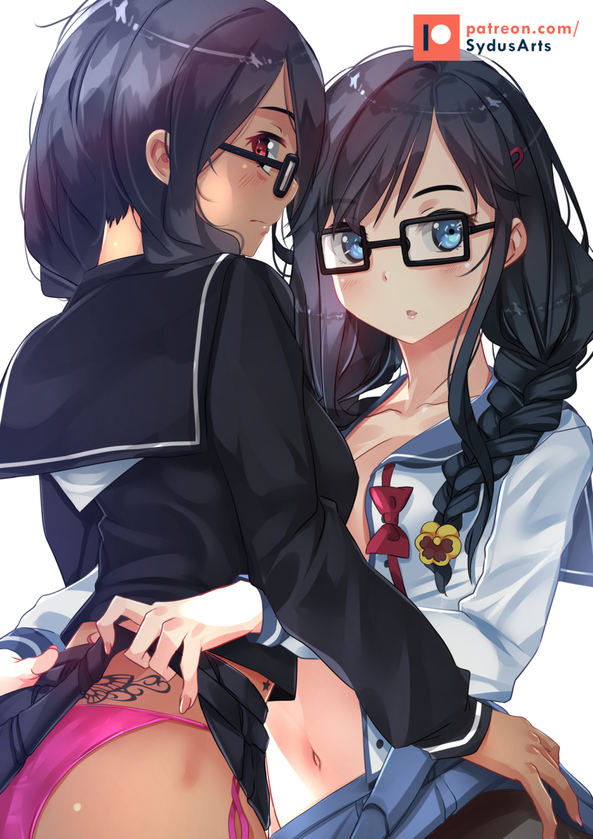 2girls back_tattoo bad_id bad_pixiv_id blue_eyes blue_hair braid clothes_lift emergence_(shindol) glasses highres lifting_own_clothes look-alike multiple_girls navel no_bra open_clothes open_mouth open_shirt ore_wo_suki_nano_wa_omae_dake_ka_yo panties pantyhose pink_panties red_eyes ribbon sanshokuin_sumireko school_uniform side-tie_panties skirt skirt_lift string_panties sydus tan tattoo tramp_stamp twin_braids underwear yoshida_saki yuri