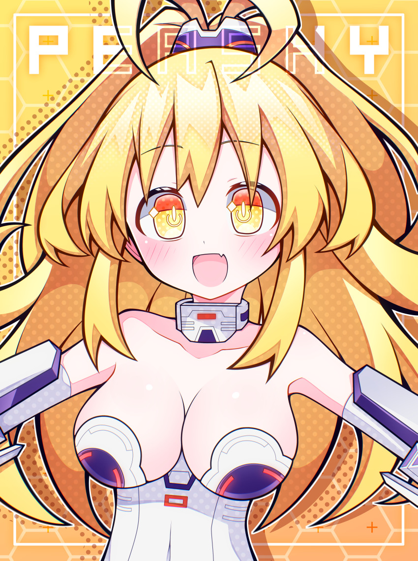 1girl :d absurdres ahoge aijiro83 antenna_hair blonde_hair blush bodysuit breasts character_name choker commentary highres huge_breasts kami_jigen_game_neptune_v long_hair looking_at_viewer neptune_(series) open_mouth smile solo symbol-shaped_pupils white_bodysuit yellow_eyes yellow_heart_(neptunia)