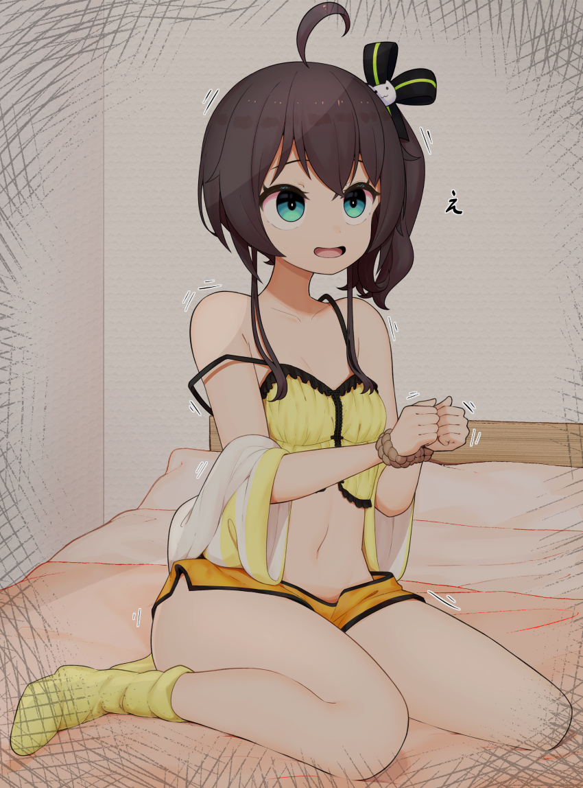 1girl absurdres ahoge bound bound_arms brown_hair green_eyes hair_between_eyes hair_ribbon highres hololive lunch_boxer natsuiro_matsuri natsuiro_matsuri_(matsuri&#039;s_day_off) on_bed open_mouth ribbon shorts side_ponytail smile socks solo tagme virtual_youtuber yellow_shorts yellow_socks