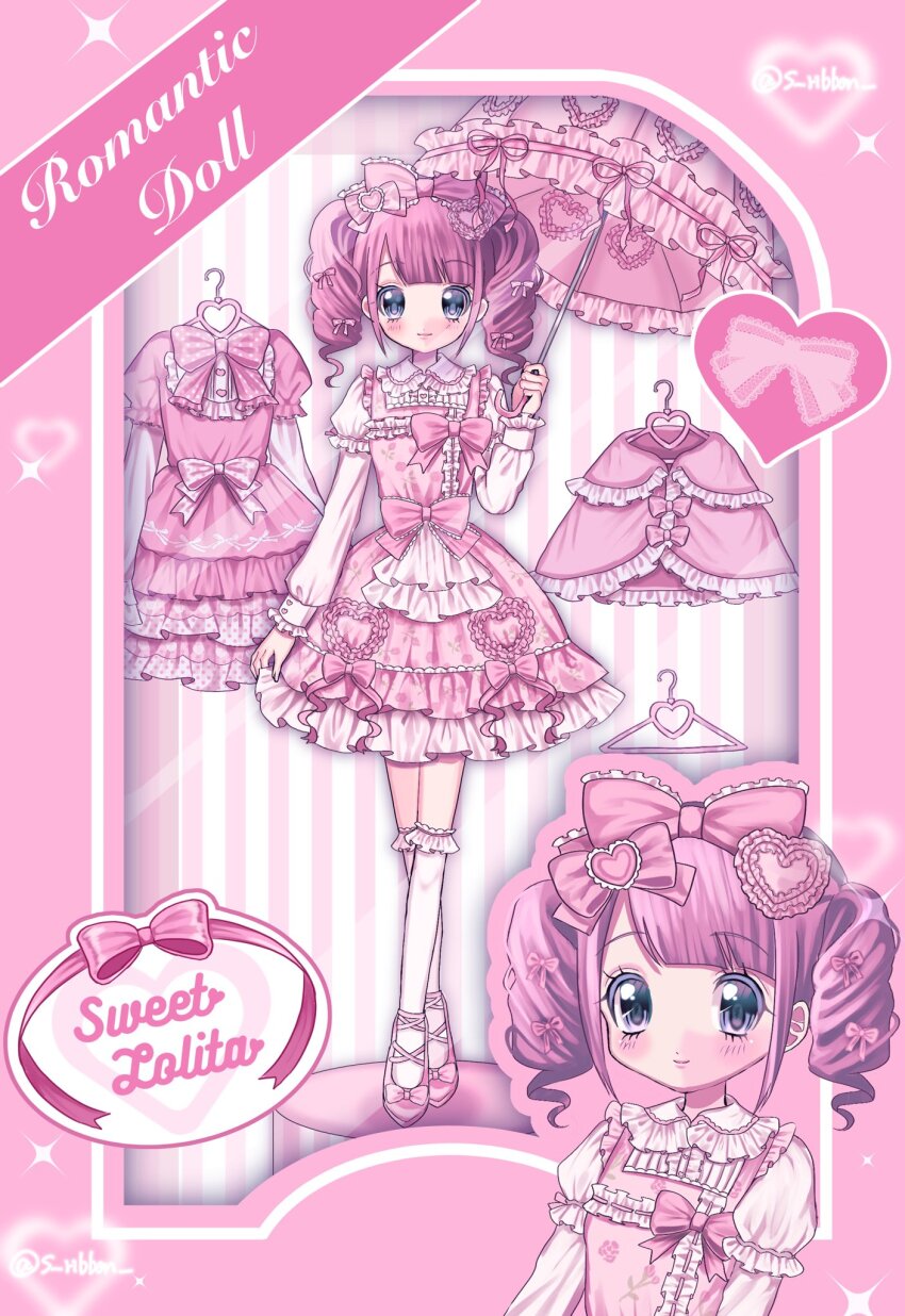 1girl blush bow doll dress drill_hair frilled_dress frilled_sleeves frills hair_bow highres kneehighs lolita_fashion multiple_hair_bows original parasol pink_dress pink_hair ribbon ringlets socks sweet_lolita twin_drills umbrella yuni_(s_ribbon)