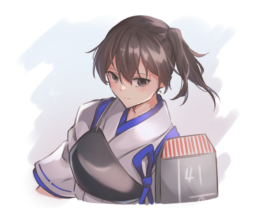 1girl bad_id bad_pixiv_id brown_eyes brown_hair closed_mouth flight_deck hair_between_eyes highres japanese_clothes kaga_(kancolle) kantai_collection knt02142769 muneate ponytail side_ponytail signature simple_background solo tasuki upper_body