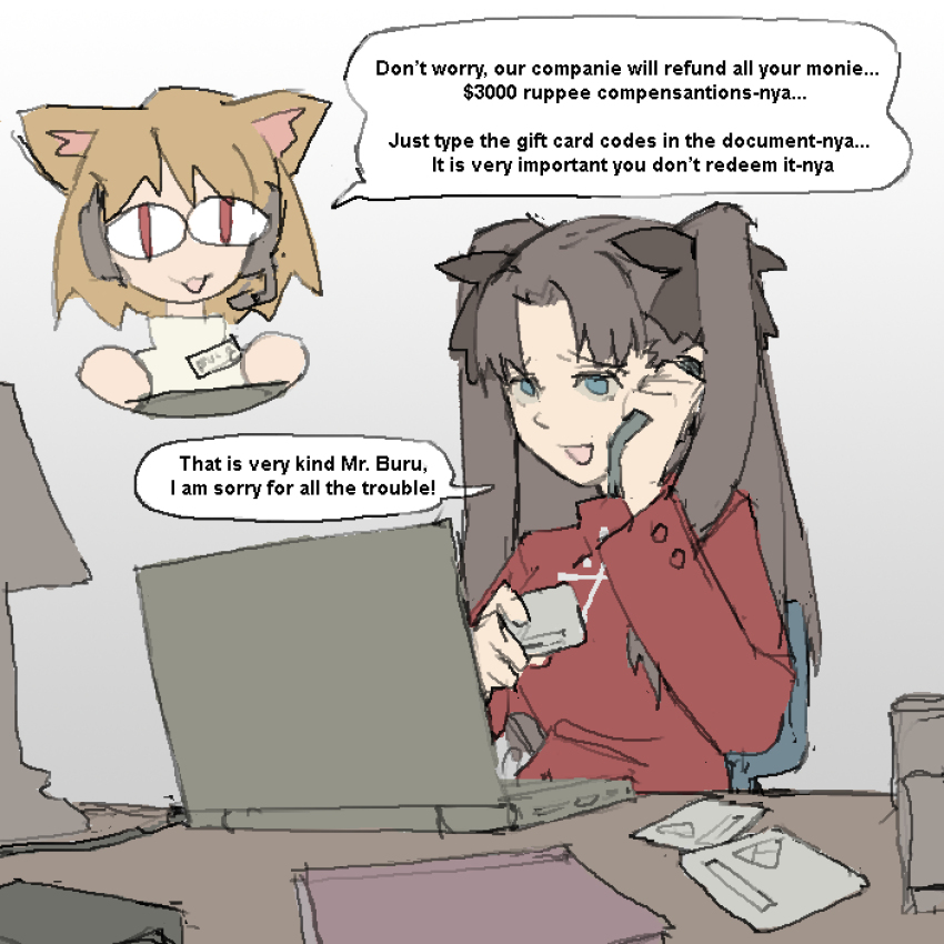 2girls :3 :d blonde_hair blue_eyes book brown_hair card chair chibi commentary computer credit_card desk desk_lamp english_commentary english_text fate/stay_night fate_(series) furrowed_brow grey_background hair_ribbon headset highres holding holding_card holding_phone indian inset lamp laptop long_hair looking_at_viewer multiple_girls name_tag neco-arc office_chair open_mouth pantsu-ripper phone red_eyes red_sweater ribbon scam simple_background sitting sketch slit_pupils smile sweater swivel_chair tech_support tohsaka_rin tsukihime turtleneck turtleneck_sweater two_side_up upper_body