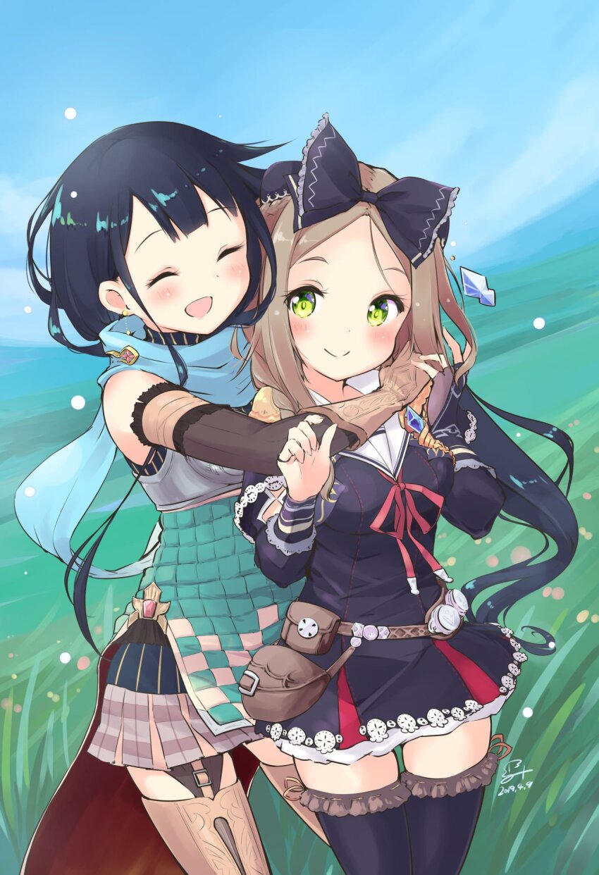 2girls :d ^_^ atelier_(series) atelier_firis belt belt_pouch black_bow black_dress black_hair black_thighhighs blue_sky bow braid brown_belt brown_hair closed_eyes closed_mouth day dress firis_mistlud firis_mistlud_(alchemist&#039;s_dress) grass green_eyes hair_bow hands_up highres hug hug_from_behind liane_mistlud long_hair long_sleeves minidraco multiple_girls official_alternate_costume open_mouth outdoors pouch red_ribbon ribbon sky smile standing thighhighs very_long_hair