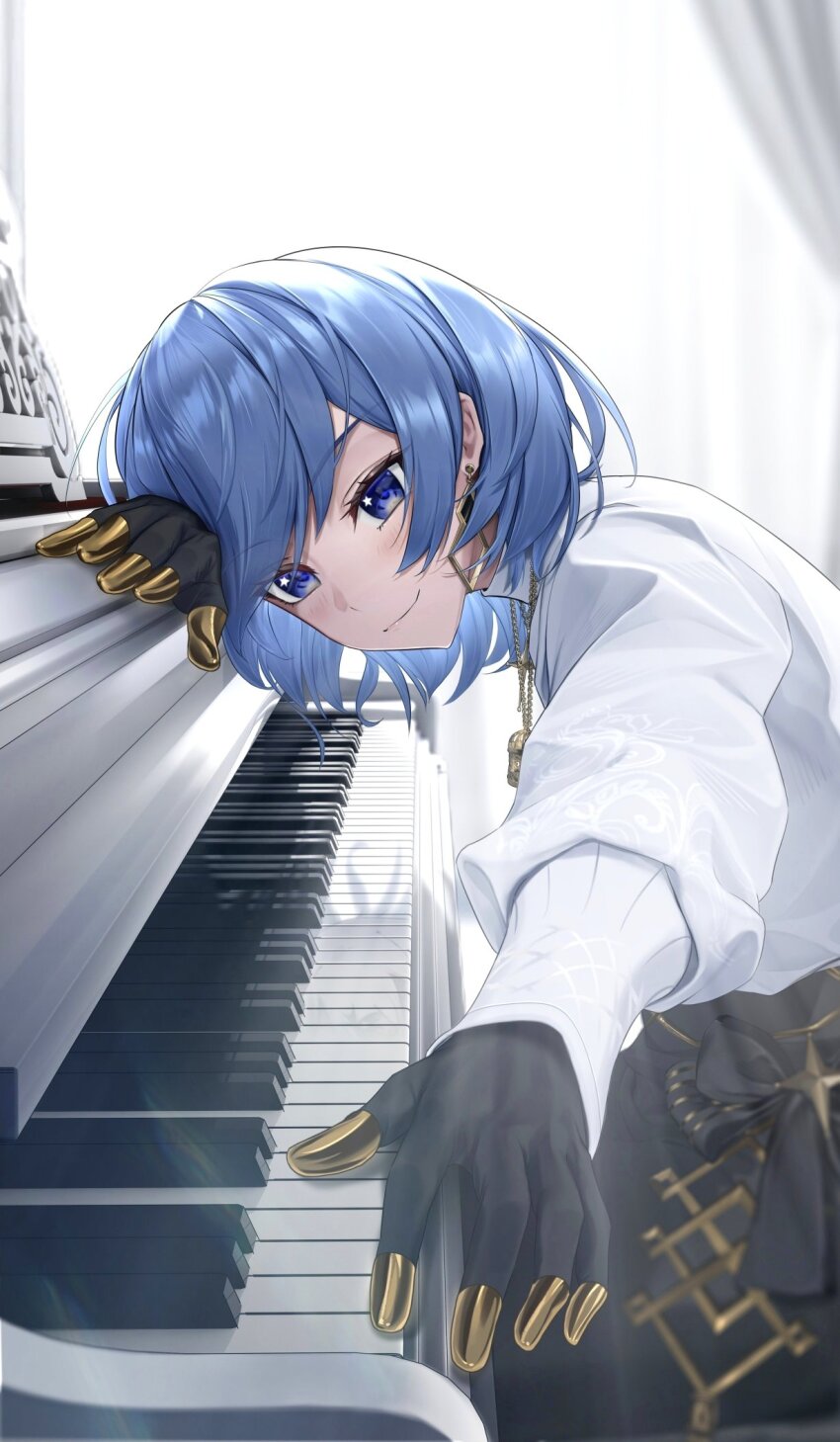 1girl alternate_costume backlighting black_gloves black_skirt blue_eyes blue_hair blurry blush closed_mouth commentary curtains depth_of_field earrings fuann gloves highres hololive hoshimachi_suisei instrument jewelry leaning_forward leaning_on_object long_sleeves looking_at_viewer piano piano_keys shirt short_hair skirt smile solo virtual_youtuber white_shirt yellow_nails