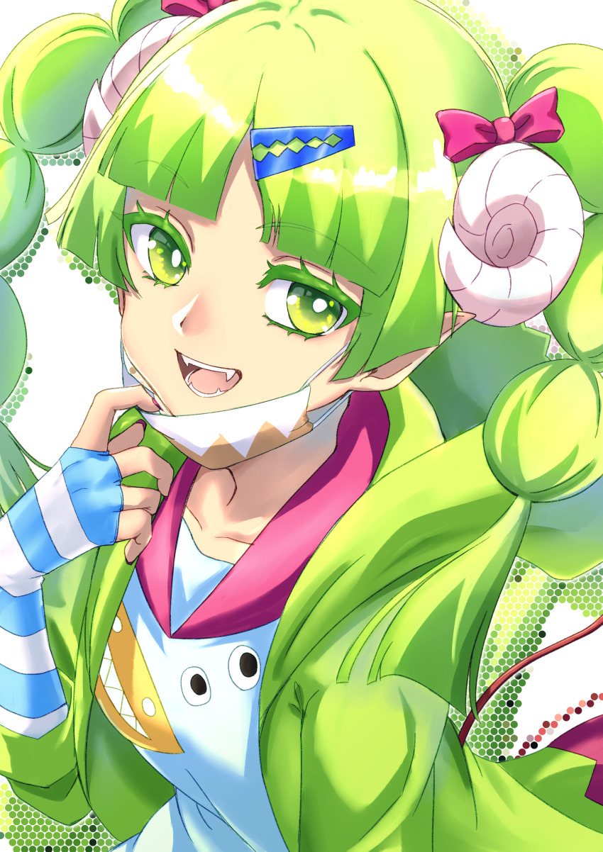 1girl absurdres bow curled_horns fangs fingerless_gloves gloves green_eyes green_hair green_jacket hair_bow hair_ornament hairclip highres horns jacket mairimashita!_iruma-kun mask mask_pull mouth_mask open_clothes open_jacket open_mouth parted_bangs pink_bow pocket pointy_ears school_uniform solo striped_clothes striped_gloves tsuzura_amanatsu twintails valac_clara