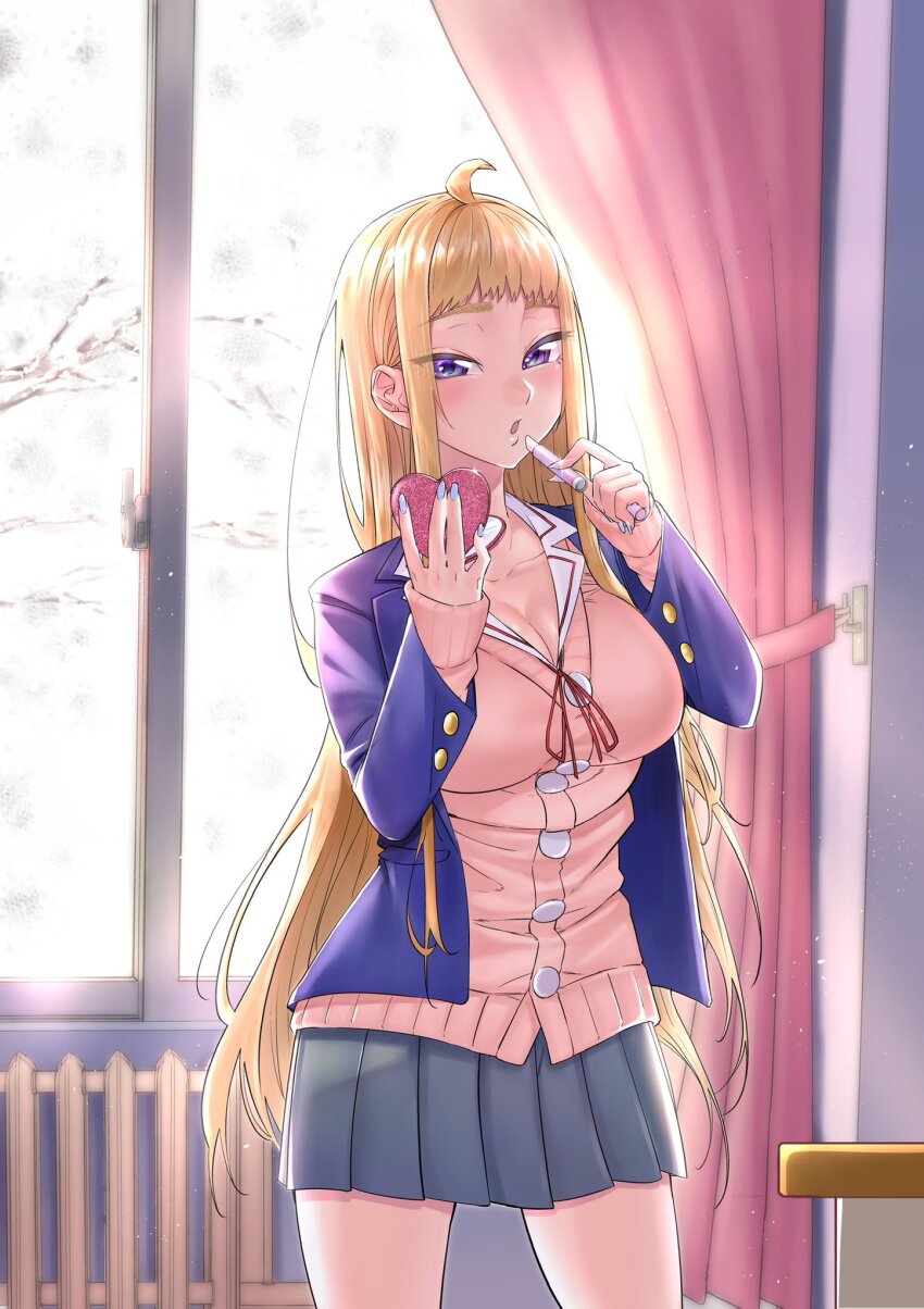 1girl :o ahoge applying_lipstick applying_makeup blazer blonde_hair blue_eyes blue_jacket blue_nails blush breasts cardigan cleavage collarbone commentary_request cosmetics cowboy_shot curtains dosanko_gal_wa_namaramenkoi fake_nails fuyuki_minami grey_skirt gyaru hand_mirror heater highres holding holding_lipstick_tube holding_mirror ikada_kai indoors jacket large_breasts lipstick_tube long_hair long_sleeves looking_at_mirror mirror pink_cardigan pleated_skirt skirt solo very_long_hair window winter winter_uniform