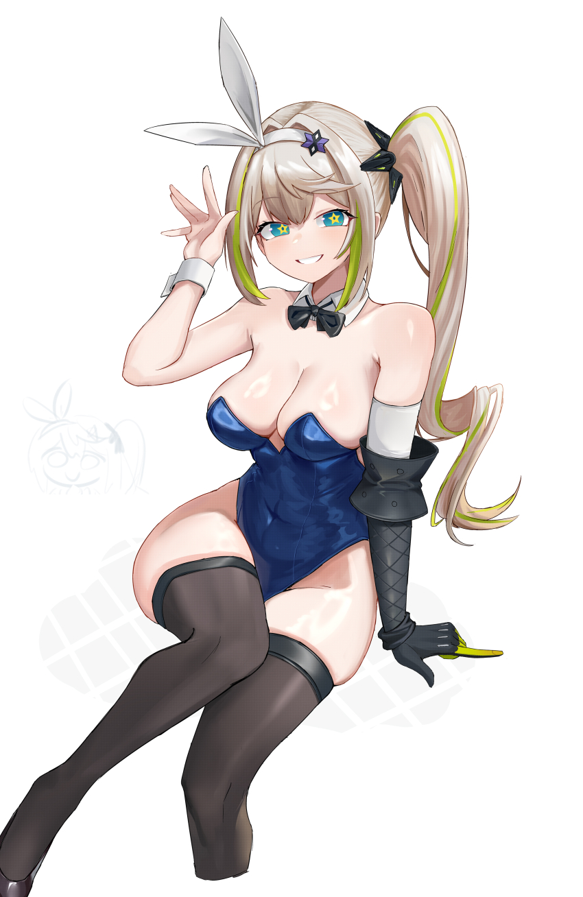 1girl absurdres alternate_costume arm_support backless_outfit black_bow black_bowtie black_footwear black_gloves black_thighhighs blonde_hair blue_eyes blue_leotard bow bowtie breasts chinese_commentary cleavage collar cropped_legs detached_collar girls&#039;_frontline girls&#039;_frontline_2:_exilium gloves green_hair hair_intakes hairband hand_up highres leotard long_hair looking_at_viewer medium_breasts multicolored_hair parted_lips sharkry_(girls&#039;_frontline_2) shenqi_xiaohuang shoes side_ponytail simple_background single_glove skindentation smile solo star-shaped_pupils star_(symbol) streaked_hair symbol-shaped_pupils thighhighs white_background white_collar white_hairband wrist_cuffs