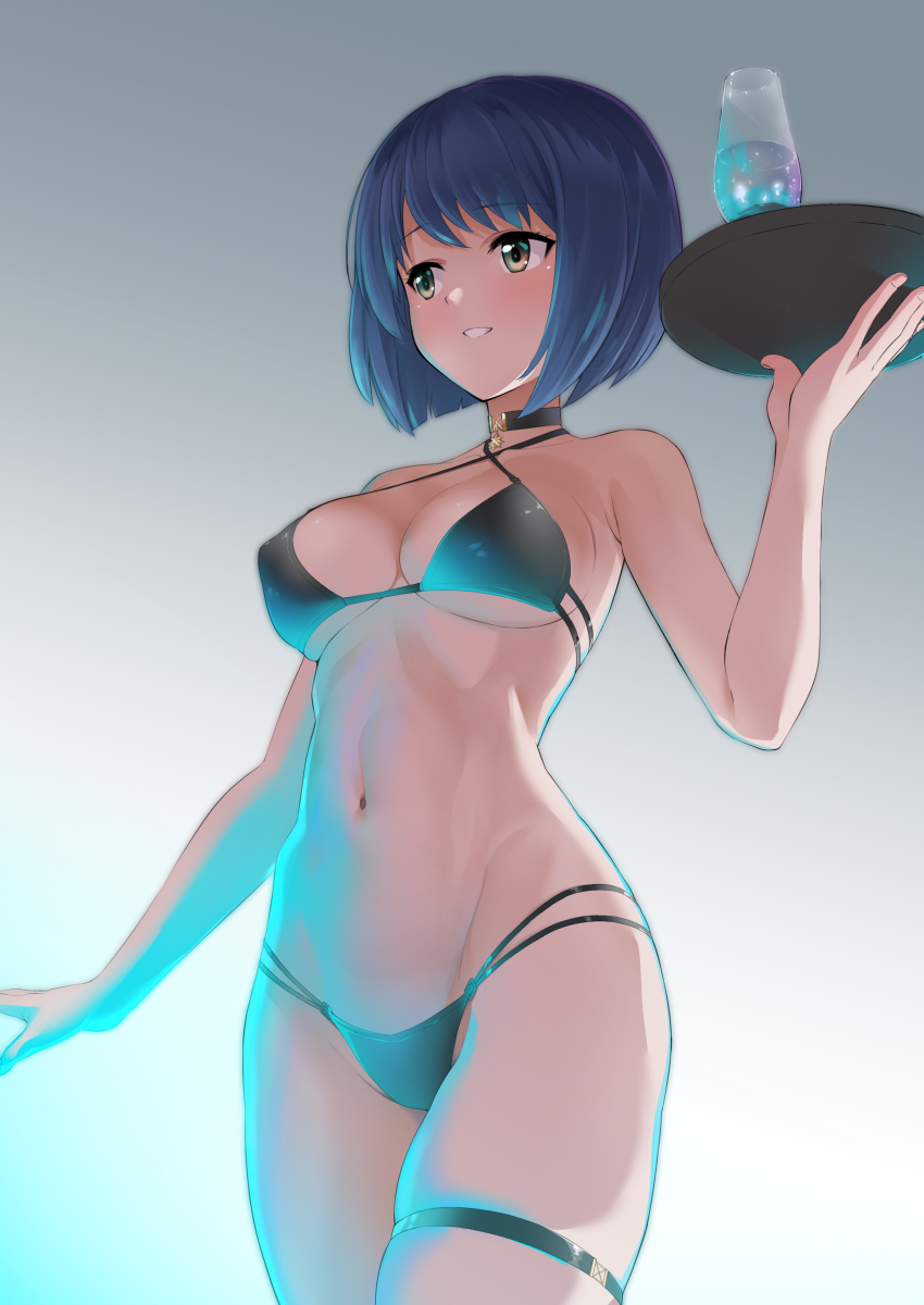 1girl absurdres alice_gear_aegis bikini black_bikini blue_hair closed_mouth collar commentary commentary_request cup drinking_glass highres holding matoba_aoi smile solo swimsuit tray unpasu yellow_eyes