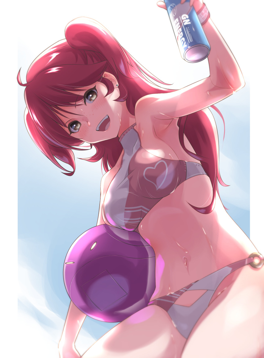 1girl absurdres ahoge bad_haro bikini blush breasts can cowlick earrings freckles fune_(fune93ojj) gundam gundam_00 hair_between_eyes highres holding holding_can jewelry looking_at_viewer medium_breasts navel nena_trinity o-ring o-ring_bikini o-ring_bottom open_mouth red_hair sideboob smile solo swimsuit tagme two_side_up wet yellow_eyes