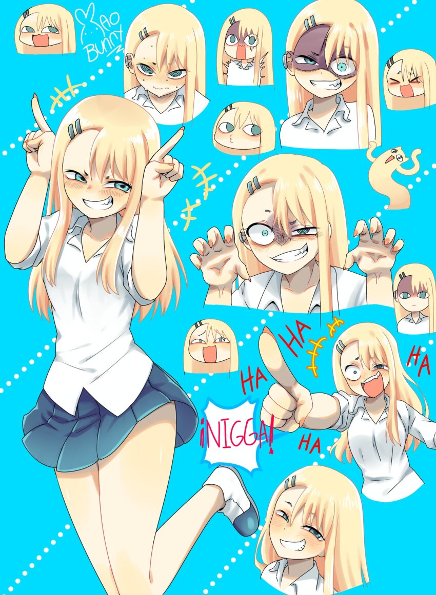 &gt;_&lt; +++ 1girl @_@ alternate_hair_color alternate_skin_color aqua_background aqua_eyes asymmetrical_bangs blonde_hair blush claw_pose collared_shirt commentary grin hair_ornament hairclip hands_up highres ijiranaide_nagatoro-san index_fingers_raised laughing long_hair mao_bunny multiple_views nagatoro_hayase nail_polish o3o open_mouth pleated_skirt pointing racial_slur shaded_face shirt shoes skirt smile spanish_commentary teeth white_shirt