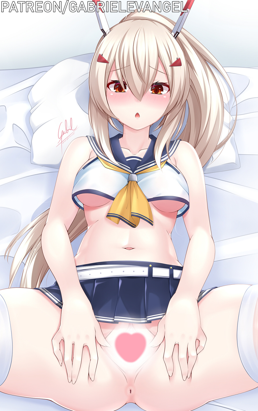 1girl anus artist_name ass ayanami_(azur_lane) azur_lane bed belt blush breasts censored collarbone crop_top crop_top_overhang gabriel_evangel hair_ornament hairclip headgear heart heart_censor high_ponytail highres light_brown_hair long_hair lying medium_breasts midriff miniskirt navel neckerchief on_back on_bed orange_eyes parted_lips patreon_username pleated_skirt ponytail pussy sailor_collar school_uniform serafuku signature skirt solo spread_legs spread_pussy stomach thighhighs thighs underboob very_long_hair white_belt white_thighhighs yellow_neckerchief