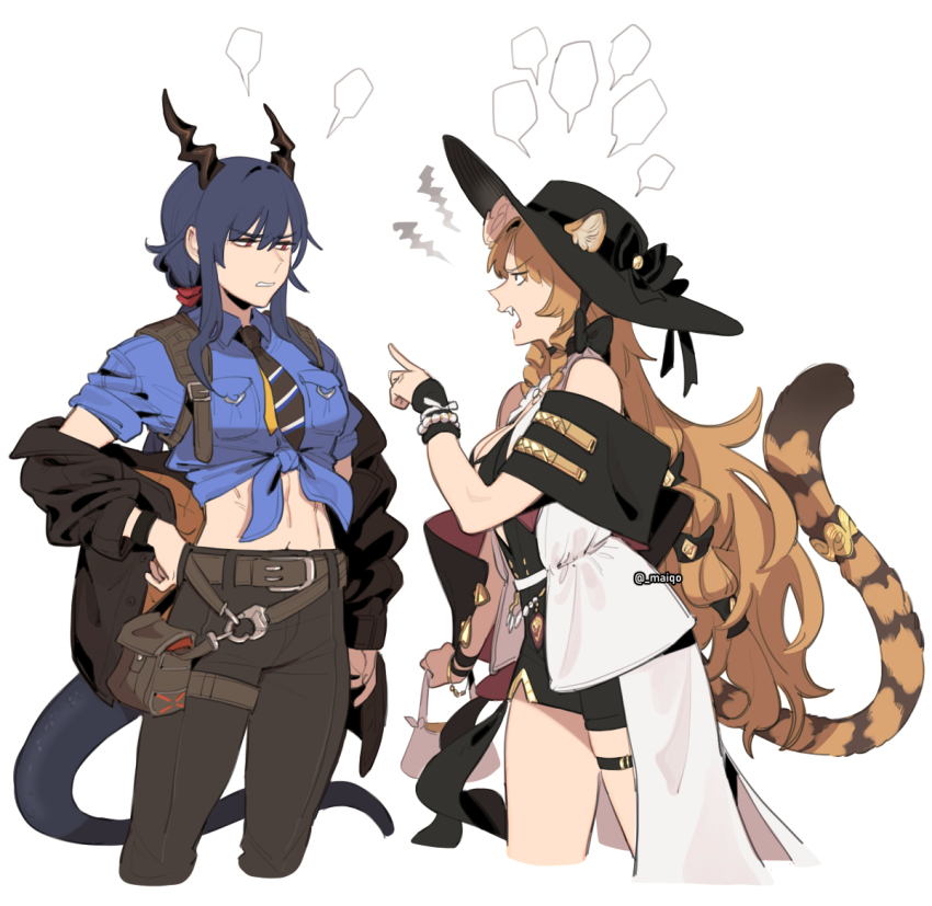 2girls animal_ear_fluff animal_ears arguing arknights bag bare_shoulders belt black_bow black_hat black_jacket black_necktie black_pants black_shirt black_shorts blank_speech_bubble blonde_hair blue_hair blue_shirt bow bracelet breasts ch&#039;en_(after_storm)_(arknights) ch&#039;en_(arknights) cleavage coat crop_top dark_blue_hair dragon_horns dragon_tail drill_hair ears_through_headwear fangs flower furrowed_brow garter_belt hair_flower hair_ornament hand_on_own_hip handbag hat holding holding_bag horns jacket jewelry large_hat leggings long_hair maiqo midriff multiple_girls necktie official_alternate_costume open_clothes open_coat open_mouth pants pointing pointing_at_another red_eyes shirt short_sleeves shorts sidelocks simple_background sleeveless sleeveless_coat sleeveless_shirt speech_bubble standing stomach striped_necktie swire_(arknights) swire_the_elegant_wit_(arknights) tail thigh_strap tied_shirt tiger_ears tiger_girl tiger_tail very_long_hair white_background white_flower