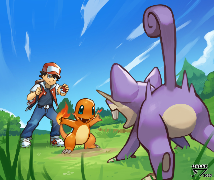 1boy absurdres artist_name backpack bag belt belt_buckle black_belt black_eyes black_hair brown_bag buckle bush charmander closed_mouth cloud commentary creatures_(company) day game_freak gen_1_pokemon grass hat highres holding holding_poke_ball jacket male_focus nintendo open_clothes open_jacket orlek outdoors pants poke_ball poke_ball_(basic) pokemon pokemon_(creature) pokemon_rgby rattata red_(pokemon) red_hat shirt shoes short_hair sky standing white_footwear