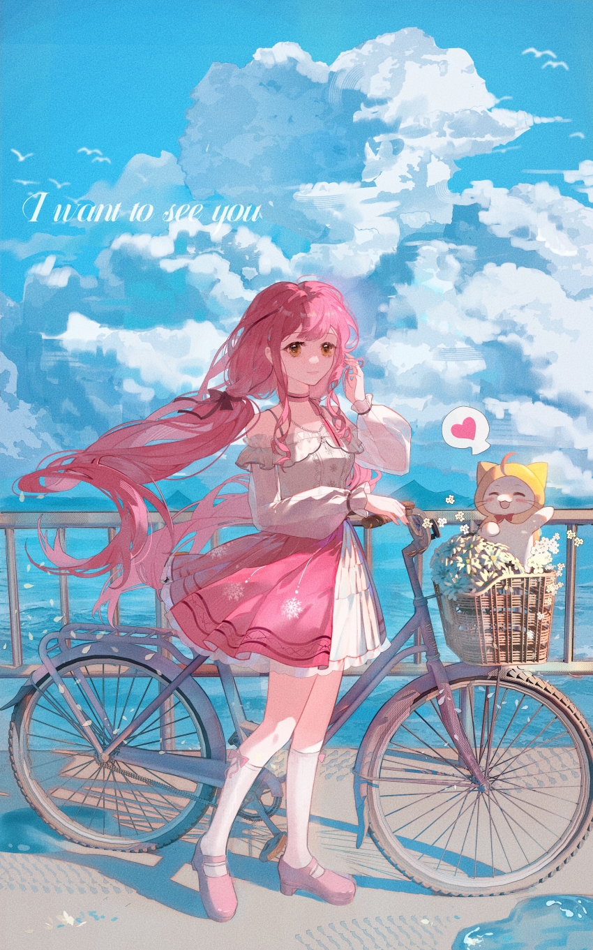 1girl absurdres baidi_de_xiao_weiba bare_shoulders bicycle blue_sky capelet cat choker cloud cumulonimbus_cloud day english_text flower full_body heart highres hood hooded_capelet kneehighs long_hair looking_at_viewer low_twintails miniskirt momo_(nikki) nikki_(nikki) nikki_(series) ocean off-shoulder_shirt off_shoulder outdoors pink_choker pink_eyes pink_footwear pink_hair pink_skirt railing shadow shirt simple_bird skirt sky smile socks solo speech_bubble spoken_heart standing twintails very_long_hair white_flower white_shirt white_socks yellow_capelet