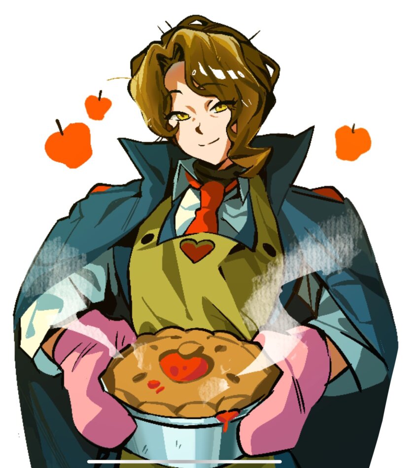 1girl apple apple_pie apron black_coat black_vest brown_hair closed_mouth coat coat_on_shoulders collared_shirt food fruit hermann_(project_moon) highres limbus_company mammyfuckyou mature_female necktie oven_mitts pie project_moon red_necktie shirt short_hair smile solo steam upper_body vest white_shirt yellow_apron yellow_eyes