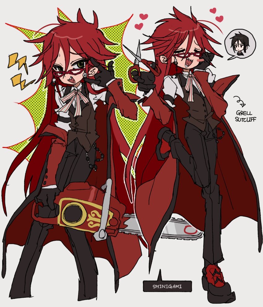 1boy black_footwear black_pants blush chainsaw chibi coat glasses grell_sutcliff highres holding holding_chainsaw holding_scissors jwnn kuroshitsuji long_hair male_focus open_mouth pants red_hair red_theme scissors sebastian_michaelis sharp_teeth shoes simple_background smile solo speech_bubble teeth trench_coat tuxedo_shirt white_background