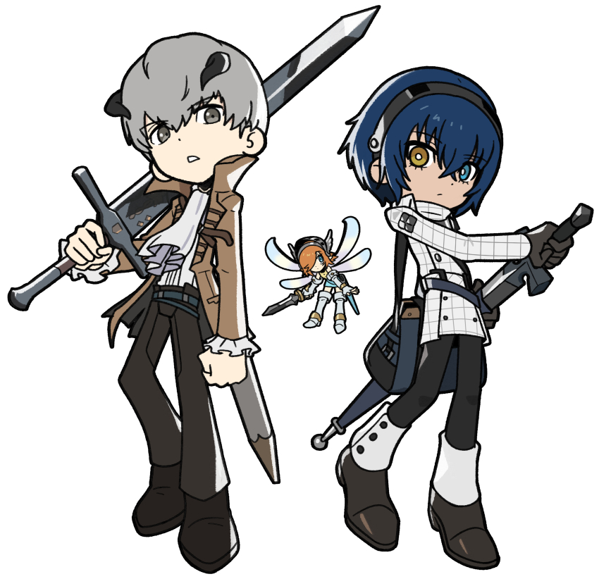 1girl 2boys absurdres ascot bag black_footwear black_gloves black_horns black_pants blue_eyes blue_hair boots chibi closed_mouth crossed_bangs full_body gallica_(metaphor:_refantazio) gloves grey_eyes grey_hair hair_between_eyes heterochromia high_collar highres holding holding_sword holding_weapon horns long_sleeves looking_at_viewer male_focus metaphor:_refantazio multiple_boys orange_eyes orange_hair pants protagonist_(metaphor:_refantazio) sach56000 simple_background strohl_(metaphor:_refantazio) sword thigh_boots weapon white_ascot white_background