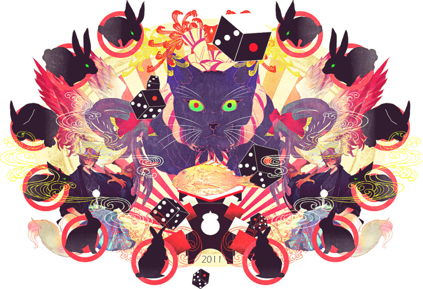 2boys 2girls abstract animal_ears bad_id bad_pixiv_id rabbit cat cat_ears dice japanese_clothes kimono multiple_boys multiple_girls original robin7188 surreal