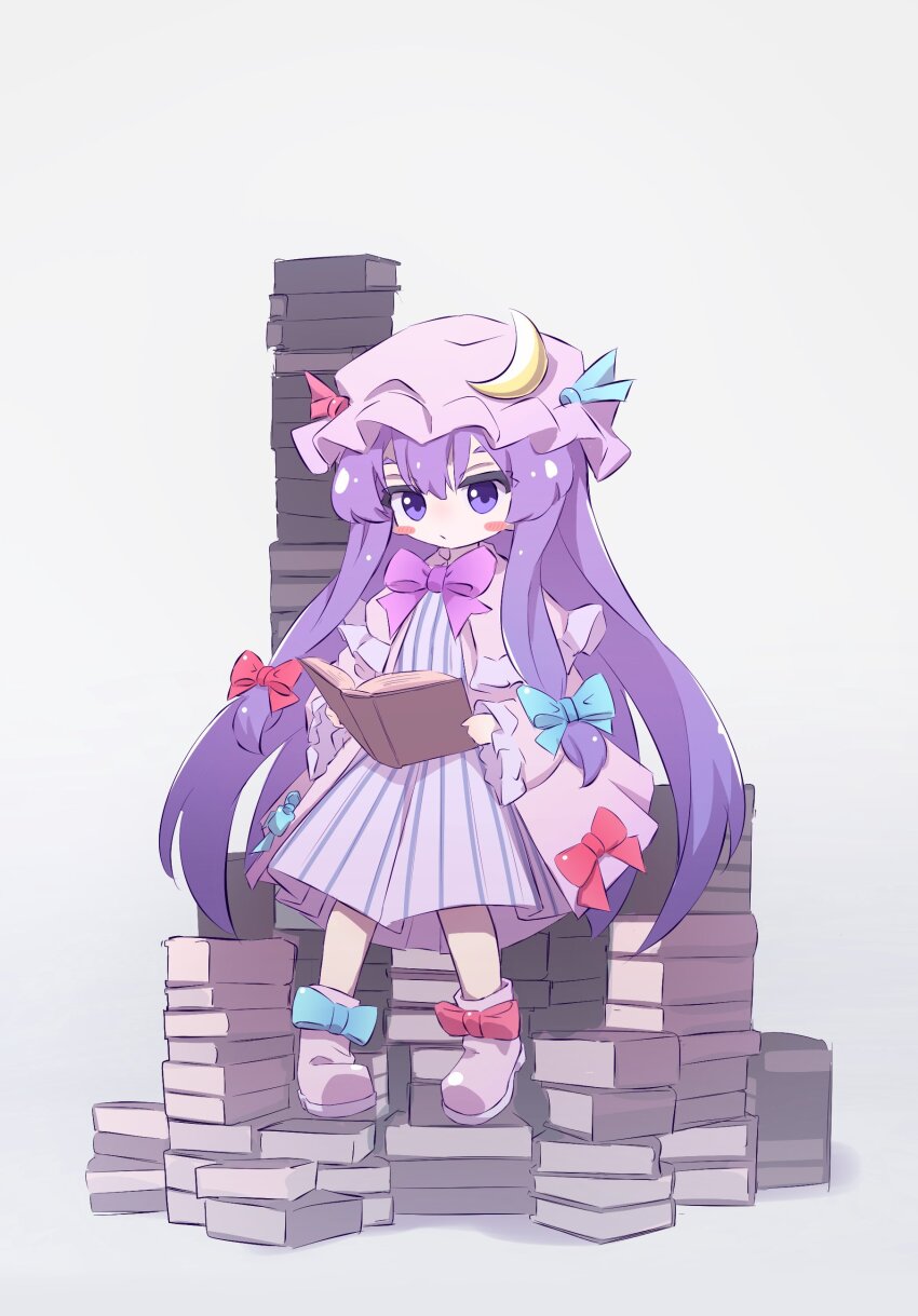 1girl absurdres blue_bow blush book book_stack bow footwear_bow hair_bow highres holding holding_book moon_(ornament) mr.turtle_head one-hour_drawing_challenge patchouli_knowledge purple_bow purple_hair purple_headwear reading red_bow sitting solo touhou white_background