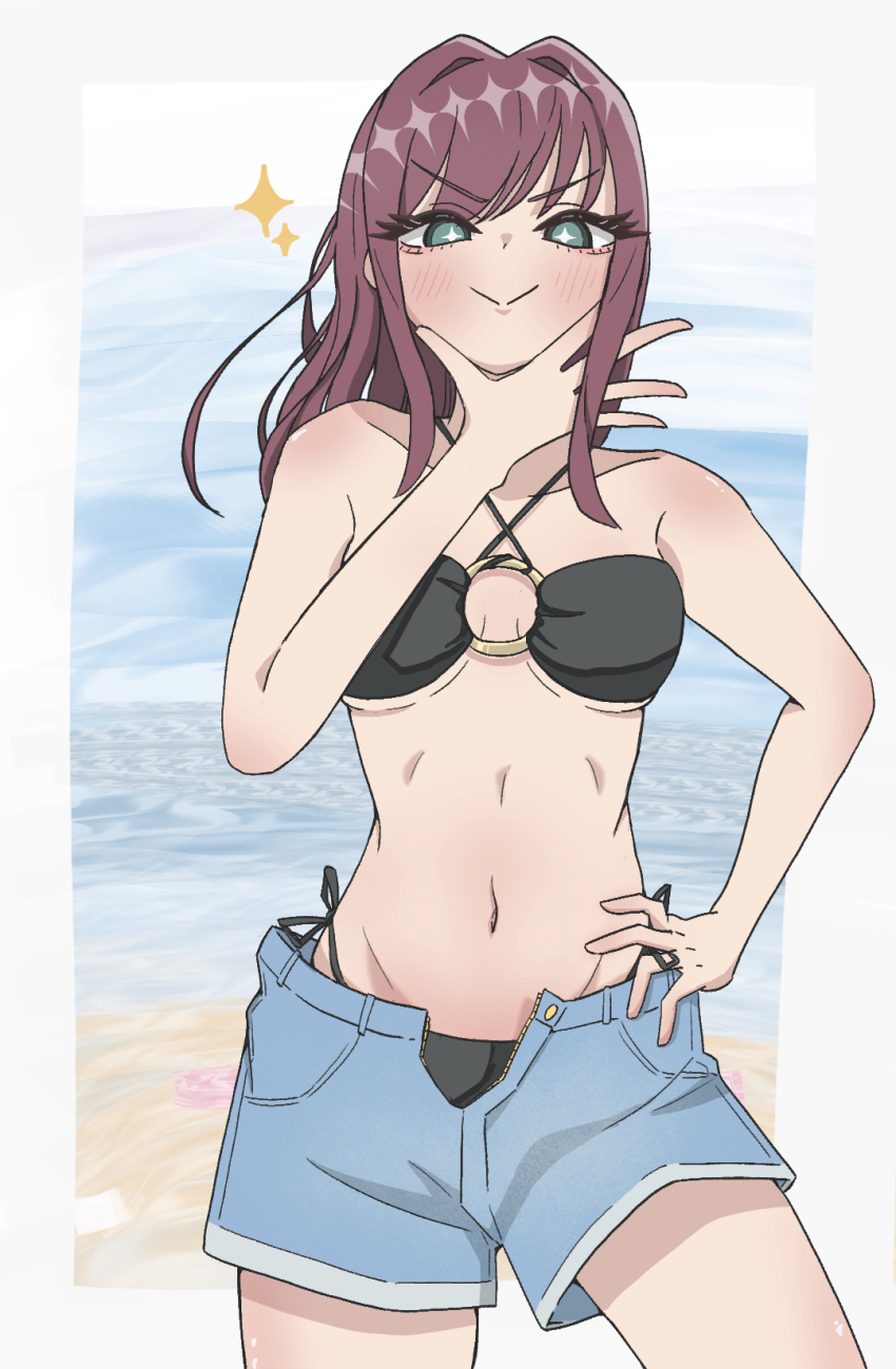 1girl beach bikini black_bikini blush breasts denim denim_shorts female_focus halterneck highleg highleg_bikini kimi_no_koto_ga_dai_dai_dai_dai_daisuki_na_100-nin_no_kanojo looking_at_viewer medium_breasts navel o-ring o-ring_bikini o-ring_top pizzayanopunch saiki_himeka shorts side-tie_bikini_bottom smile solo swimsuit unbuttoned underboob unusual_pupils