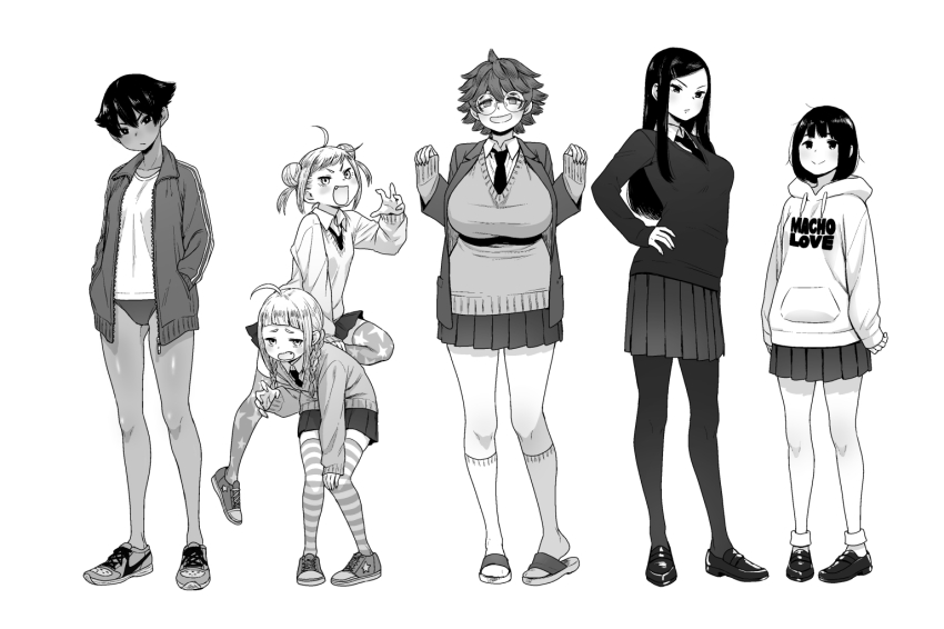 6+girls :d ahoge blazer blush braid breasts dark-skinned_female dark_skin double_bun fang fumitan_(humitan) glasses greyscale hair_bun hair_ornament hairclip hand_on_own_hip hands_in_pockets hood hoodie jacket kneehighs loafers long_hair long_sleeves looking_at_viewer monochrome multiple_girls necktie open_mouth original pantyhose pleated_skirt sandals school_uniform shoes short_hair simple_background skirt sleeves_past_wrists smile sneakers socks star_(symbol) star_print striped_clothes striped_legwear striped_thighhighs thighhighs track_jacket twin_braids white_background