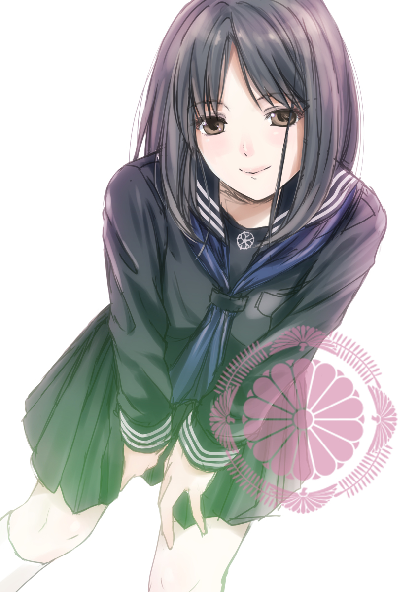 1girl absurdres bad_id bad_pixiv_id between_legs black_hair bloom blue_neckerchief brown_eyes chrysanthemum emblem female_focus fern flower hand_between_legs highres kako-hime leaning_forward looking_at_viewer neckerchief real_life sakagami_umi school_uniform simple_background smile solo white_background