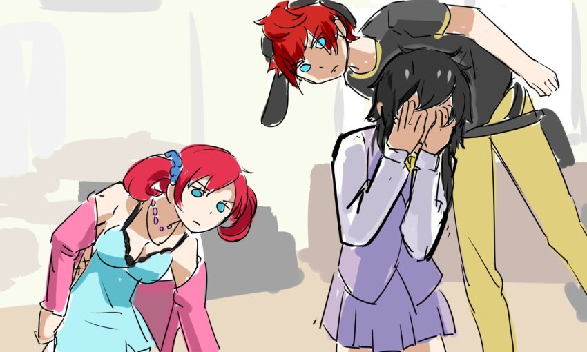 1girl 2boys aiba_takumi blue_eyes crossdressing danshi_koukousei_no_nichijou digimon digimon_story:_cyber_sleuth embarrassed meme multiple_boys parody sanada_arata shiramine_nokia twintails