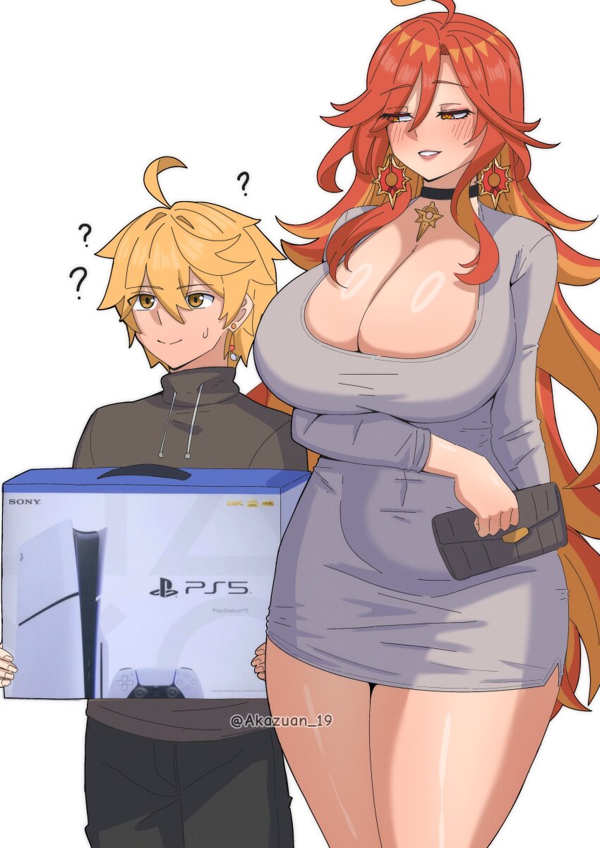 1boy 1girl ? absurdres aether_(genshin_impact) ahoge akazuan_19 arm_under_breasts bag black_choker blonde_hair blush breasts choker cleavage commentary curvy dress earrings english_commentary game_console genshin_impact grey_dress handbag highres huge_breasts jewelry long_hair long_sleeves mavuika_(genshin_impact) multicolored_hair orange_hair playstation_5 red_hair simple_background thick_thighs thighs two-tone_hair white_background