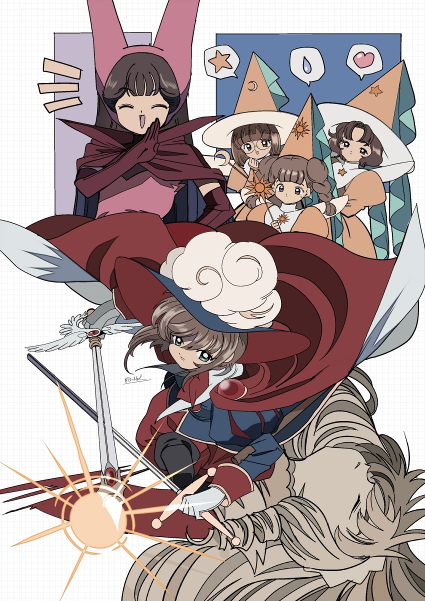 1boy 5girls cape cardcaptor_sakura costume edoya_inuhachi closed_eyes glasses hat heart highres kinomoto_sakura li_meiling li_xiaolang mihara_chiharu multiple_girls official_alternate_costume open_mouth red_cape sasaki_rika star_(symbol) sword weapon yanagisawa_naoko