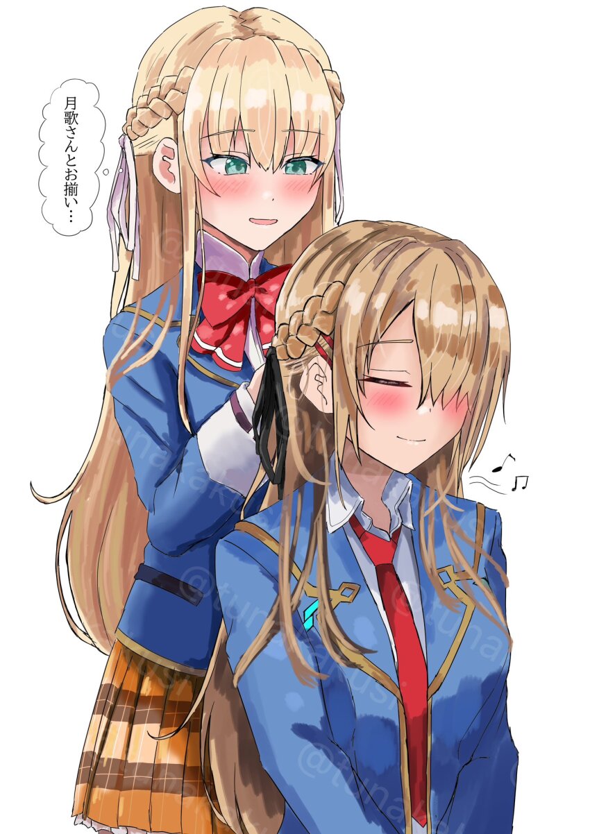 2girls black_ribbon blonde_hair blue_jacket blush bow braid brushing_another&#039;s_hair brushing_hair green_eyes hair_ornament hair_over_one_eye hairclip half_up_braid heaven_burns_red highres jacket kayamori_ruka long_hair long_sleeves multiple_girls official_alternate_hairstyle red_bow ribbon shirt toujou_tsukasa tsunashirazu_(tunasira_zoo9) white_ribbon white_shirt yuri