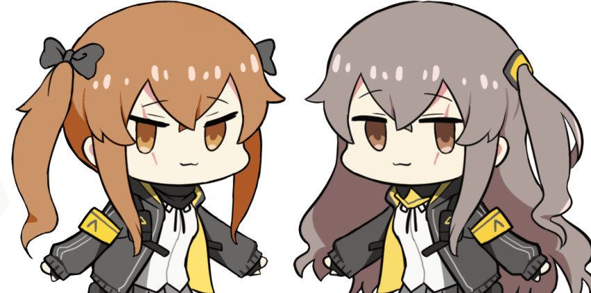 :3 animated animated_gif armband black_jacket brown_eyes brown_hair closed_mouth girls&#039;_frontline jacket jalm looking_at_viewer looping_animation raised_eyebrows scar scar_across_eye scar_on_face simple_background smile smug twintails ump45_(girls&#039;_frontline) ump9_(girls&#039;_frontline) white_background yellow_armband