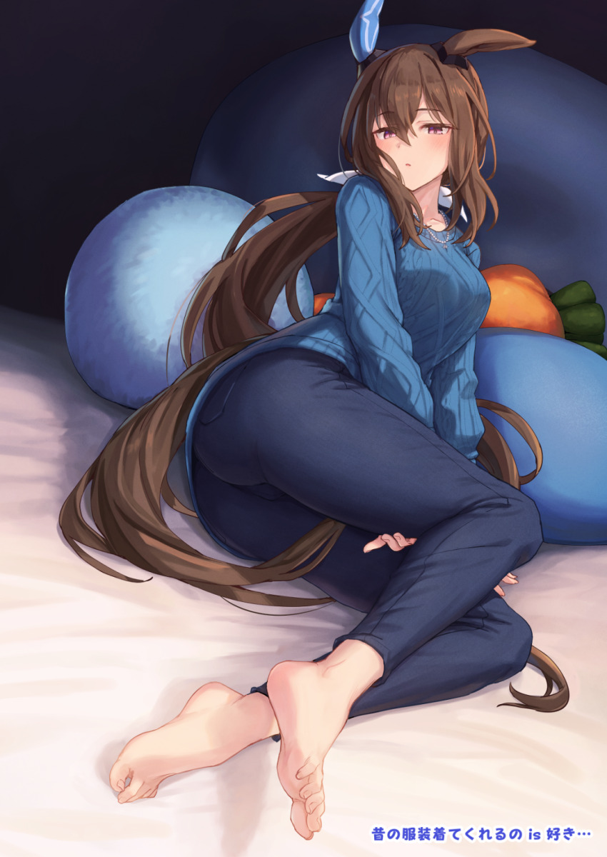 1girl admire_vega_(umamusume) alternate_costume animal_ears ass barefoot blue_pants blue_sweater blush bow breasts brown_hair commentary_request ear_ornament feet hair_between_eyes hair_bow highres horse_ears horse_girl horse_tail legs long_sleeves looking_at_viewer low_ponytail lying medium_breasts on_bed on_side open_mouth pants red_eyes solo starheart stuffed_carrot stuffed_toy sweater tail toenails toes umamusume white_bow