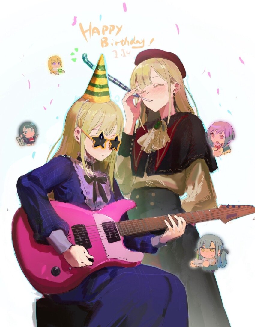 2girls ascot ave_mujica_(bang_dream!) bang_dream! bang_dream!_it&#039;s_mygo!!!!! beret birthday black_capelet blonde_hair blue_dress blue_hair capelet chibi chibi_inset closed_eyes closed_mouth commentary confetti dress dual_persona earrings english_commentary gift green_brooch green_hair guitar hand_up happy_birthday hat highres holding holding_gift holding_guitar holding_instrument instrument jewelry long_hair long_sleeves misumi_uika mortis_(bang_dream!) multiple_girls music party_hat party_horn playing_guitar playing_instrument red_hat second-party_source sidelocks sitting standing star-shaped_eyewear star_(symbol) sunglasses sweatdrop togawa_sakiko wakaba_mutsumi white_ascot xiongdi_ni_zhen_de_yao_zheyang_hua_ma yahata_umiri yellow_eyes yuutenji_nyamu