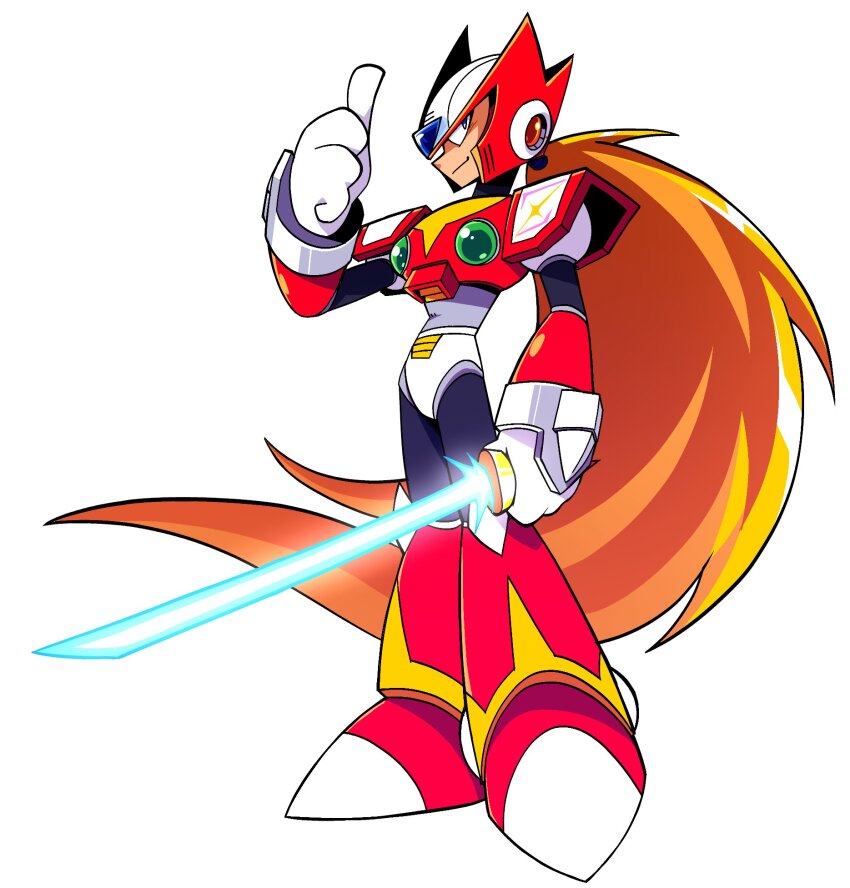 1boy android armor blonde_hair chest_jewel energy_sword forehead_jewel full_body helmet highres holding holding_sword holding_weapon male_focus maxoke mega_man_(series) mega_man_x_(series) red_armor red_helmet simple_background solo sword thumbs_up weapon white_background z_saber zero_(mega_man)