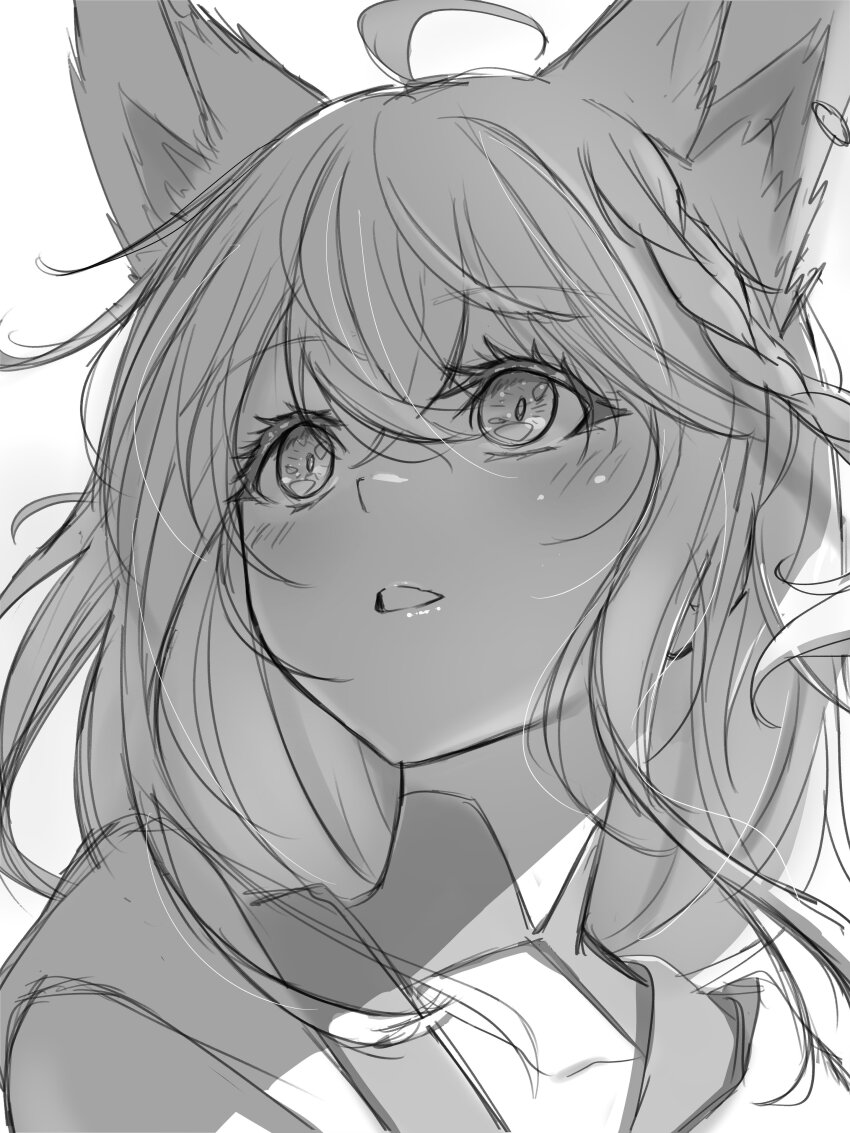 1girl absurdres ahoge animal_ear_fluff animal_ears blush braid commentary_request earrings fox_ears fox_girl greyscale hair_between_eyes highres hololive jewelry kay_yu long_hair monochrome shirakami_fubuki sidelocks single_braid sketch solo virtual_youtuber