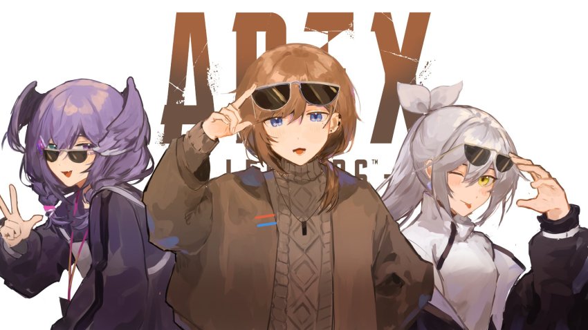 1boy 2girls ailurei apex_legends black_jacket black_sweater braid breasts brown_jacket brown_sweater commentary english_commentary eyewear_on_head grey_hair hair_ribbon head_wings heterochromia highres jacket jewelry kanae_(nijisanji) lanyard logo looking_at_viewer medium_breasts medium_hair multiple_girls necklace nijisanji nijisanji_en off_shoulder one_eye_closed qualia_qu re:act ribbon selen_tatsuki selen_tatsuki_(1st_costume) smile sunglasses sweater tongue tongue_out twin_braids v virtual_youtuber white_background white_ribbon white_sweater wings yellow_eyes