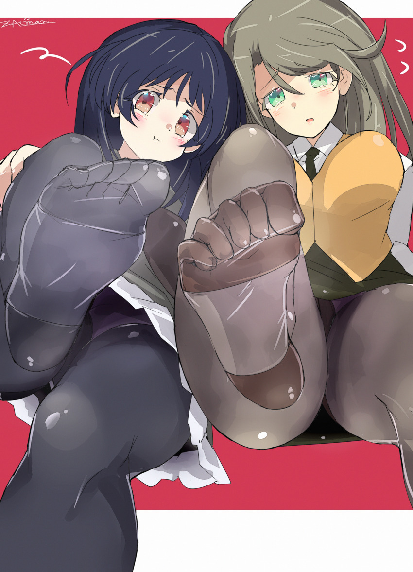 2girls absurdres blush feet fujimura_yuzuki green_eyes highres long_hair looking_at_viewer miniskirt multiple_girls myself_yourself panties panties_under_pantyhose pantyhose parted_lips red_eyes skirt soles steam toes underwear upskirt yatsushiro_nanaka