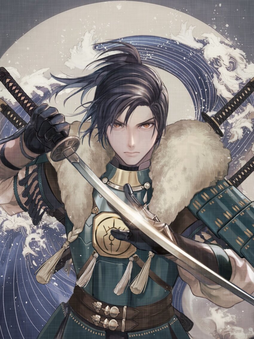 1boy armor armored_gloves arms_up belt black_hair brown_belt closed_mouth commentary cowboy_shot english_commentary felix_hugo_fraldarius fire_emblem fire_emblem:_three_houses floating_hair full_moon fur_trim gloves highres holding holding_sword holding_weapon japanese_armor katana kusazuri long_sleeves male_focus moon mortal_savant_(fire_emblem:_three_houses) multiple_belts multiple_swords nintendo ocean orange_eyes parted_bangs shoulder_armor sode solo sword tassel v-shaped_eyebrows water_drop waving weapon weapon_on_back white_fur wrainbow13