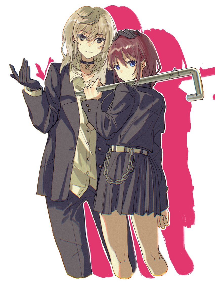 2girls belt black_gloves black_jacket black_pants black_skirt blue_eyes brown_hair chain closed_mouth club collarbone collared_shirt colored_shadow commentary cropped_legs dress_shirt earclip girls_band_cry gloves grey_eyes grey_hair hair_between_eyes hand_on_another&#039;s_head hand_up hashtag-only_commentary highres holding holding_lead_pipe holding_weapon industrial_pipe iseri_nina jacket kawaragi_momoka koko_aovoa lead_pipe long_hair long_sleeves low_twintails multicolored_hair multiple_girls open_clothes open_jacket pants roots_(hair) shadow shirt short_hair short_twintails simple_background skirt twintails weapon white_background white_belt white_shirt