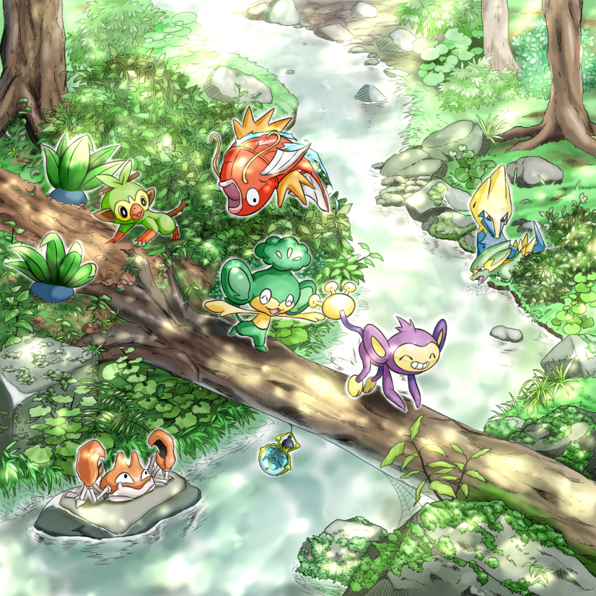 aipom creatures_(company) dappled_sunlight dewpider electrike game_freak gen_1_pokemon gen_2_pokemon gen_3_pokemon gen_5_pokemon gen_7_pokemon gen_8_pokemon grass grookey log magikarp manectric midair nintendo oddish on_rock outdoors pansage plant pokemon pokemon_(creature) q-chan stream sunlight